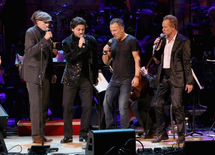 James, Vittorio Grigolo, Bruce Springsteen and Sting. (Photo: Kevin Mazur / Getty Images) 